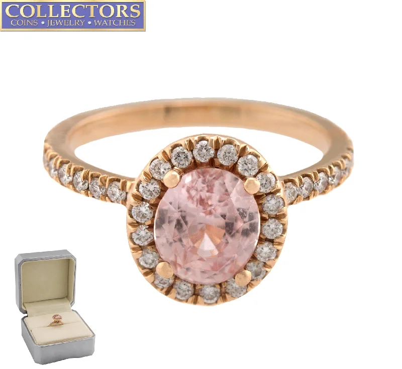 Ladies engagement rings viral styles-Ladies 14K Rose Gold 1.86ct Oval Cut Pink Sapphire Diamond Halo Engagement Ring