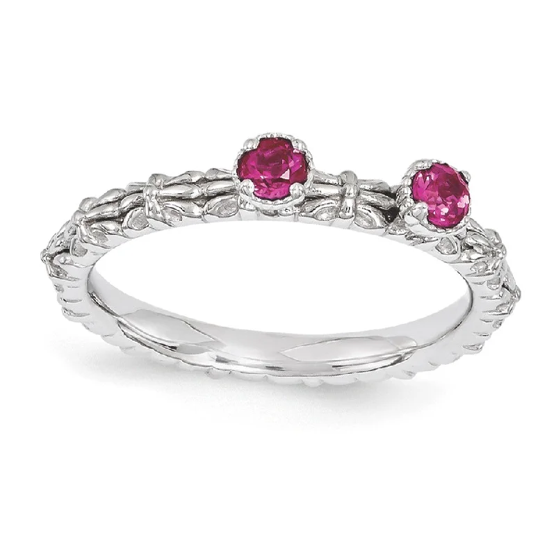 Ladies rings wedding accessories-Sterling Silver Stackable Created Ruby Round Two Stone Ring