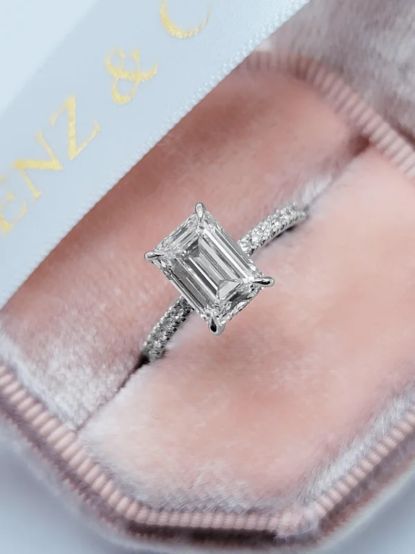 Ladies engagement rings eco-friendly-2.52 Carats Lab Grown Emerald Cut Micropaved Side Stones Hidden Halo Diamond Engagement Ring