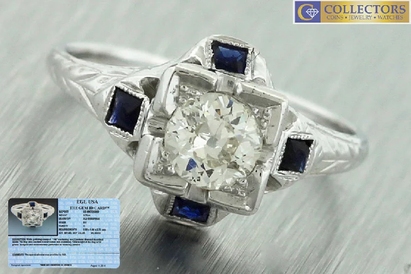 Ladies engagement rings pear shapes-Antique Art Deco 18K Gold 0.75ct Old European Diamond Sapphire Engagement Ring