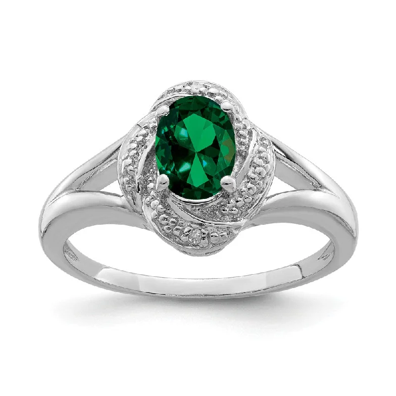 Ladies rings minimalist looks-Sterling Silver .01 Ctw Diamond & Oval Created Emerald Ring