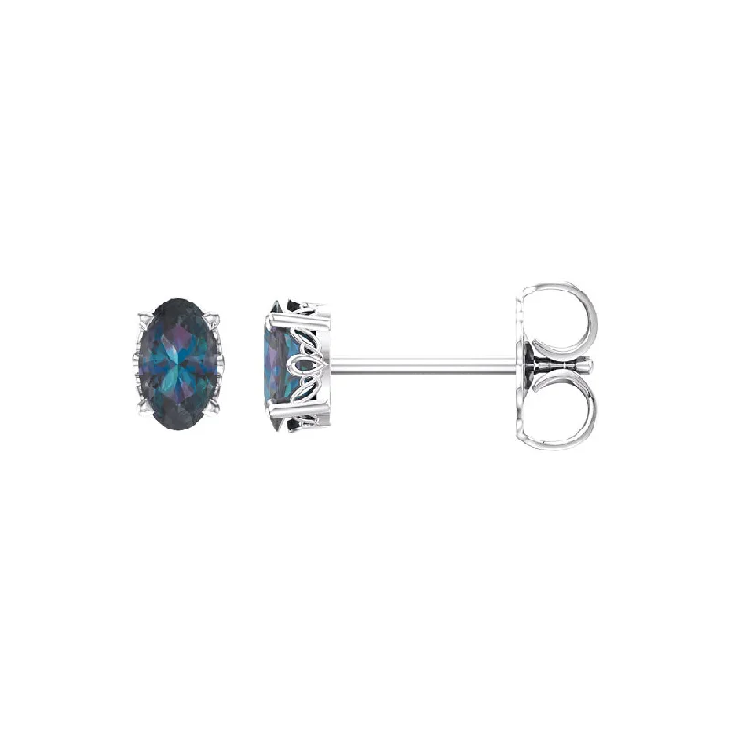 Ladies earrings floral accents-Stud Earrings in 14k White Gold with Oval Lab Created Alexandrite