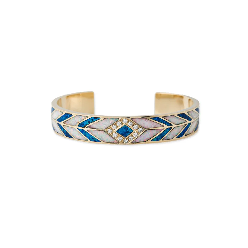 Ladies bracelets gold designs-PAVE BLUE OPAL + CHEVRON OPAL INLAY CUFF BRACELET