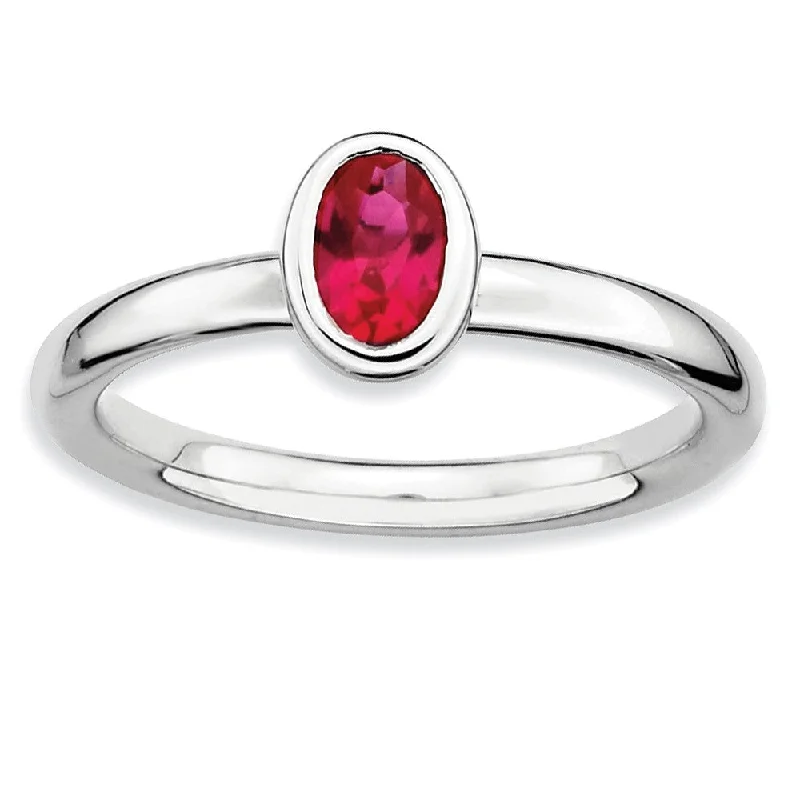 Ladies rings colorful gems-Sterling Silver Stackable Oval Created Ruby Solitaire Ring