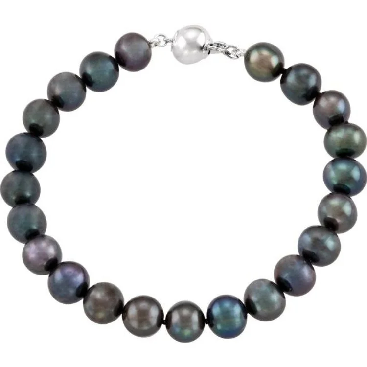 Ladies bracelets white gold-Sterling Silver Cultured Black Freshwater Pearl 7 3/4" Bracelet