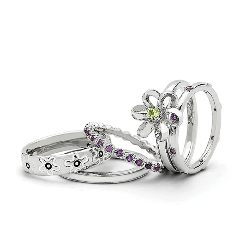 Ladies rings open patterns-Sterling Silver Peridot & Amethyst Floral Dreams Stackable Ring Set