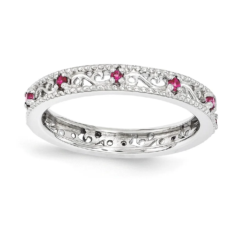 Ladies rings viral picks-3mm Sterling Silver Stackable Expressions Created Ruby Scroll Band