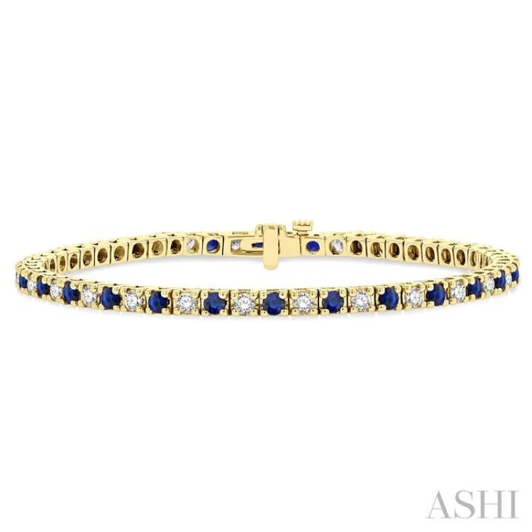 Ladies bracelets geometric shapes-1 1/2 ctw Square Box Link 2.5MM Sapphire and Round Cut Diamond Precious Tennis Bracelet in 14K Yellow Gold