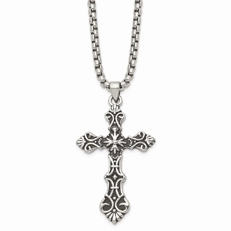 Ladies necklaces plated gold-Stainless Steel Polished and Antiqued Cross Necklace