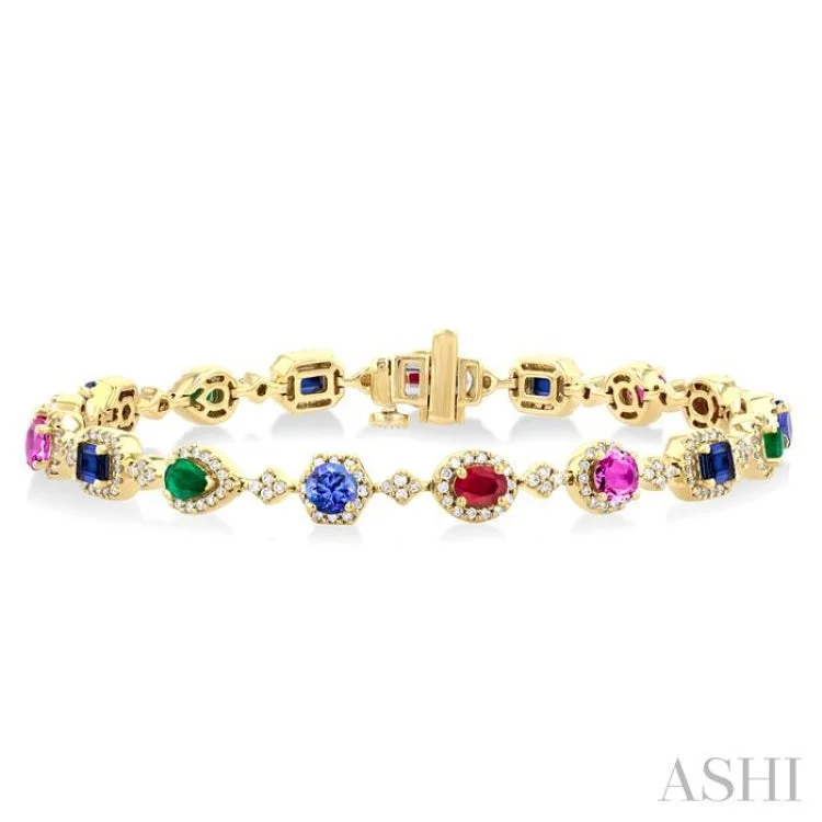 Ladies bracelets rare designs-4X3MM & 4MM Mixed Shape Gemstone Rainbow and 1 ctw Round Cut Diamond Halo Precious Tennis Bracelet in 14K Yellow Gold