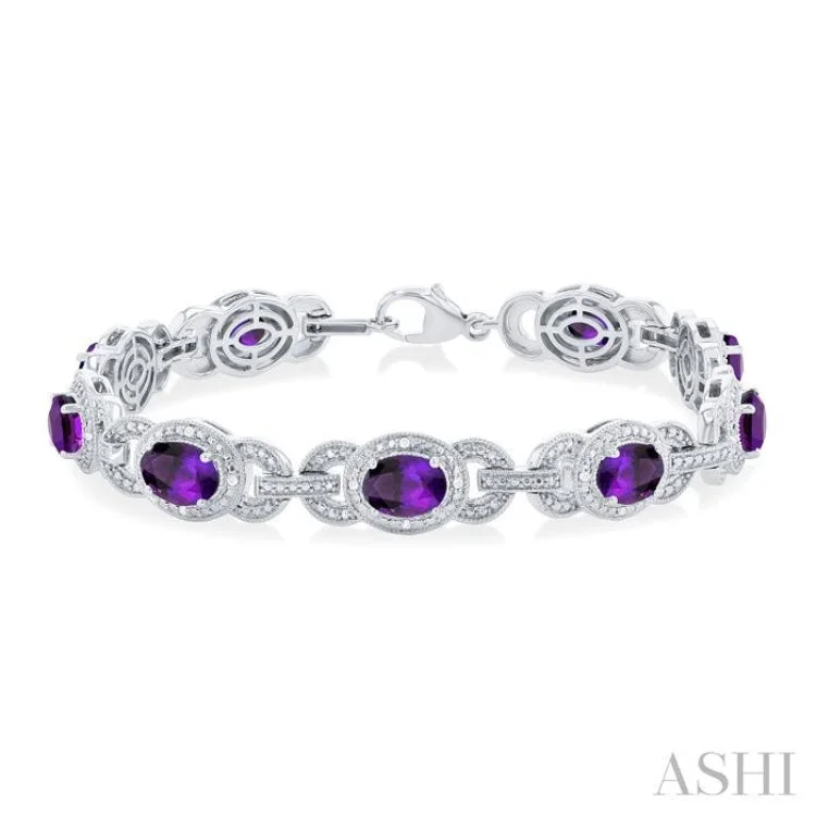 Ladies bracelets custom touches-1/10 ctw Oval Cut 7x5MM Amethyst and Round Cut Diamond Semi Precious Bracelet in Sterling Silver