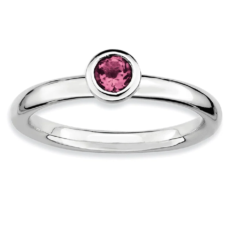 Ladies rings elegant styles-Stackable Low Profile 4mm Pink Tourmaline Silver Ring