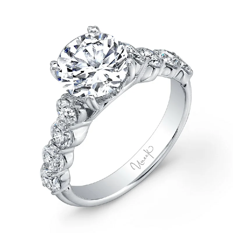 Ladies engagement rings warranty options-Uneek Round Diamond Engagement Ring with Large Melee Diamonds Shared-Prong Set on Upper Shank