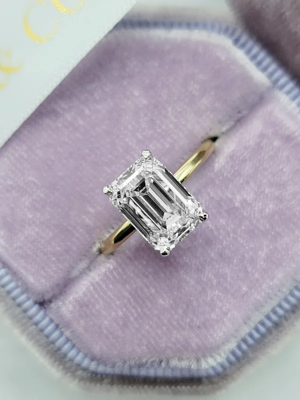 Ladies engagement rings ethical gems-3.18 Carats Lab Grown Emerald Cut Two Tone Solitaire Hidden Halo Diamond Engagement Ring