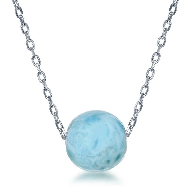 Ladies necklaces multi-layer-Sterling Silver 10MM Round Larimar Bead Necklace