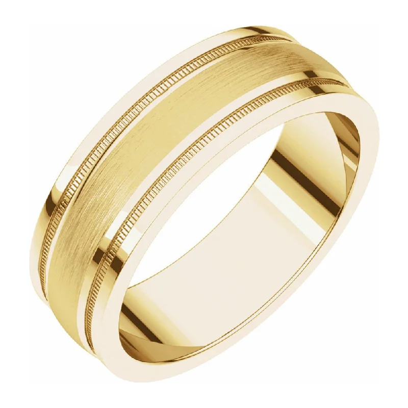 Ladies rings sterling silver-6mm 14K Yellow Gold Flat Edge Satin Center Milgrain Comfort Fit Band