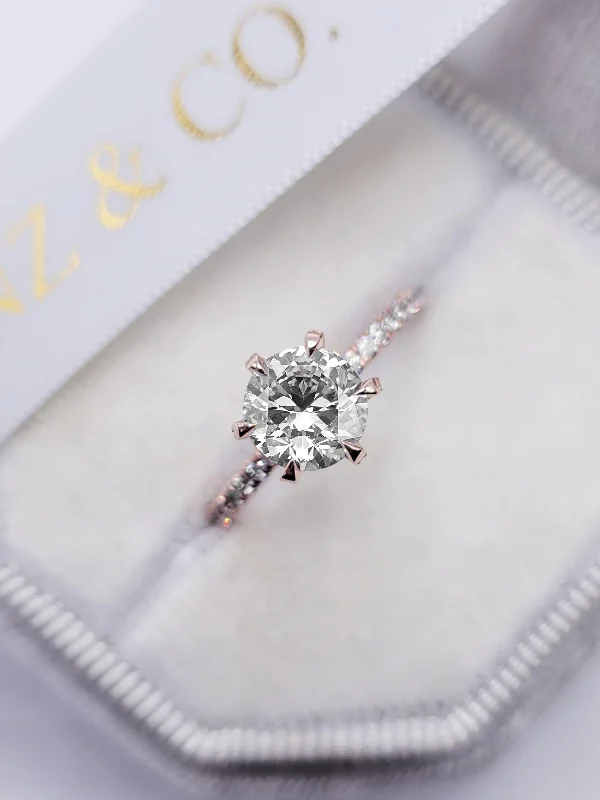 Ladies engagement rings couple sets-2 Carats Lab Grown Round Brilliant Cut Micropave Side Stones Accented Prongs Diamond Engagement Ring in Rose Gold