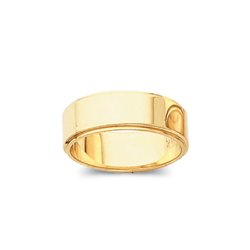 Ladies rings gift ideas-8mm Flat Ridged Edge Wedding Band in 14k Yellow Gold