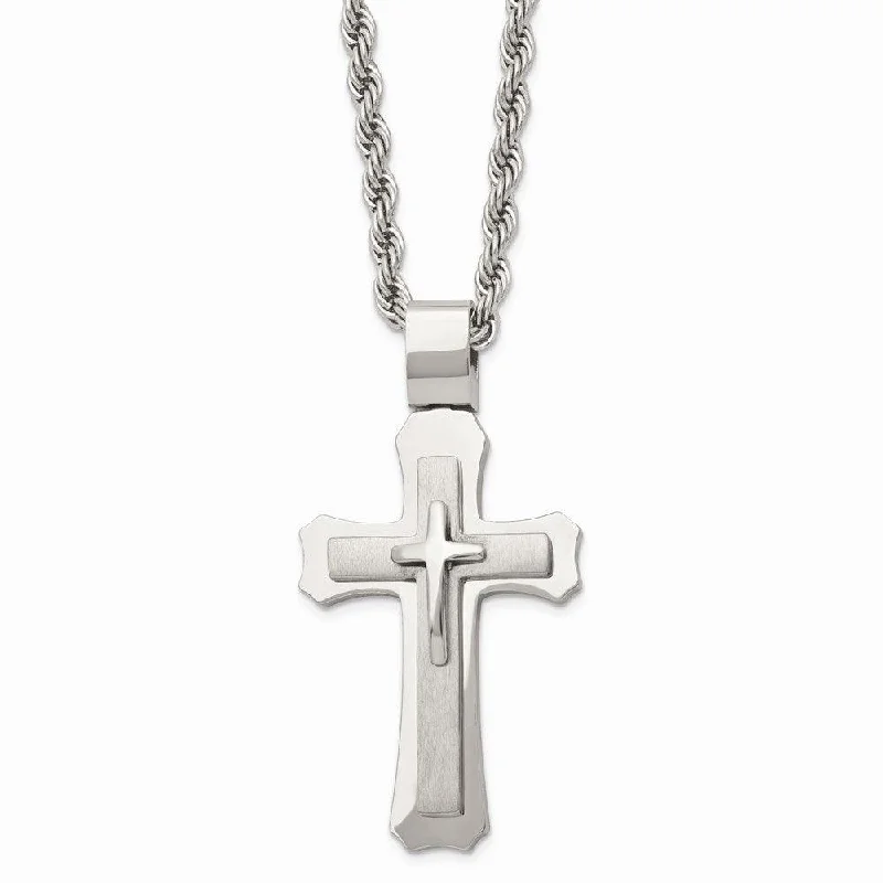 Ladies necklaces mom’s day-Stainless Steel Brushed and Polished Triple Layer Cross Necklace