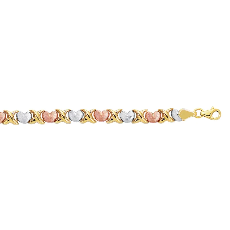 Ladies bracelets age styles-14kt 7.25 inches Yellow+White+Rose Gold Textured Shiny Tri Color Hugs+Kisses Bracelet with Pear Shape Clasp