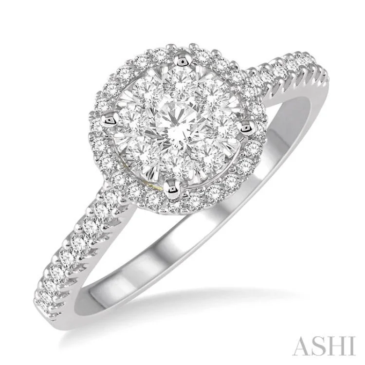 Ladies engagement rings dainty looks-1/2 Ctw Round Diamond Lovebright Halo Engagement Ring in 14K White and Yellow Gold