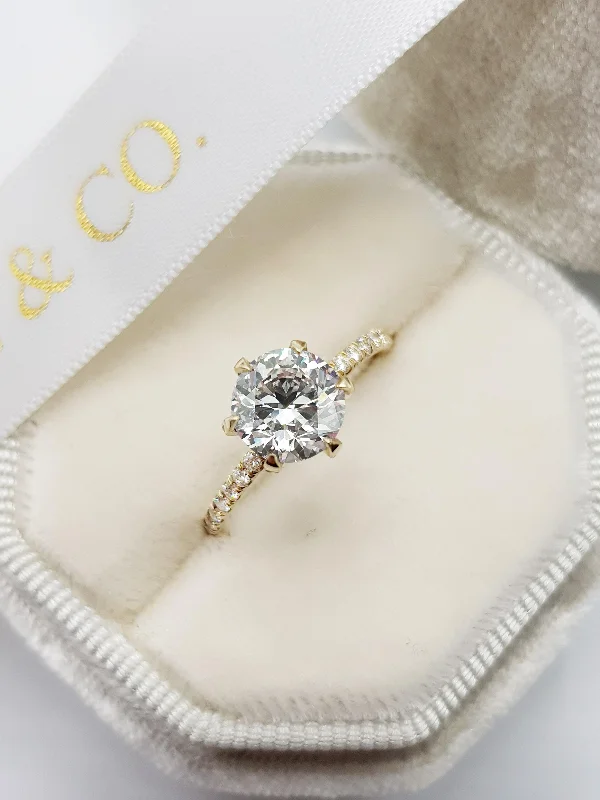 Ladies engagement rings memory value-1.54 Carats Round Brilliant Cut Micropave Side Stones Accented Prongs Diamond Engagement Ring in Yellow Gold