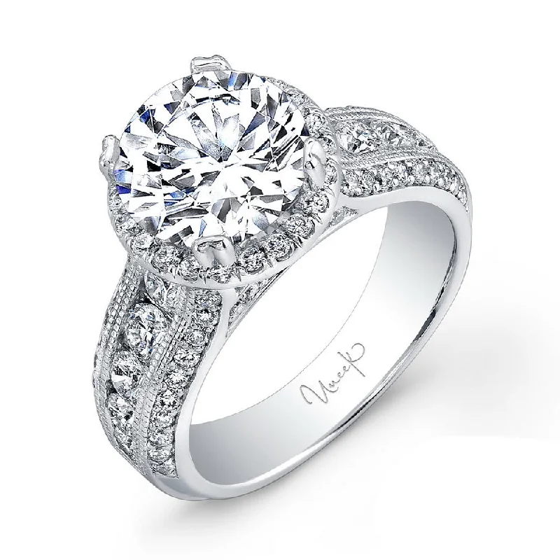 Ladies engagement rings halo designs-Uneek Round Diamond Wide-Band Halo Engagement Ring with Milgrain Accents and Three-Row Channel- and Pave-Set Melees