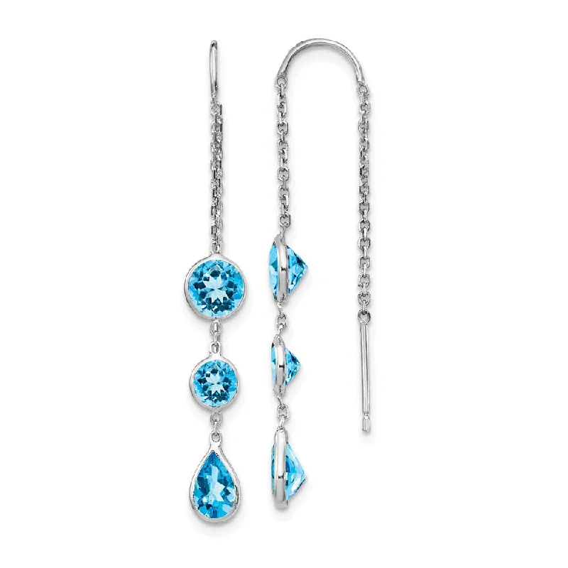 Ladies earrings value pieces-5x 45mm 14k White Gold Blue Topaz Pear & Round Bezel Threader Earrings