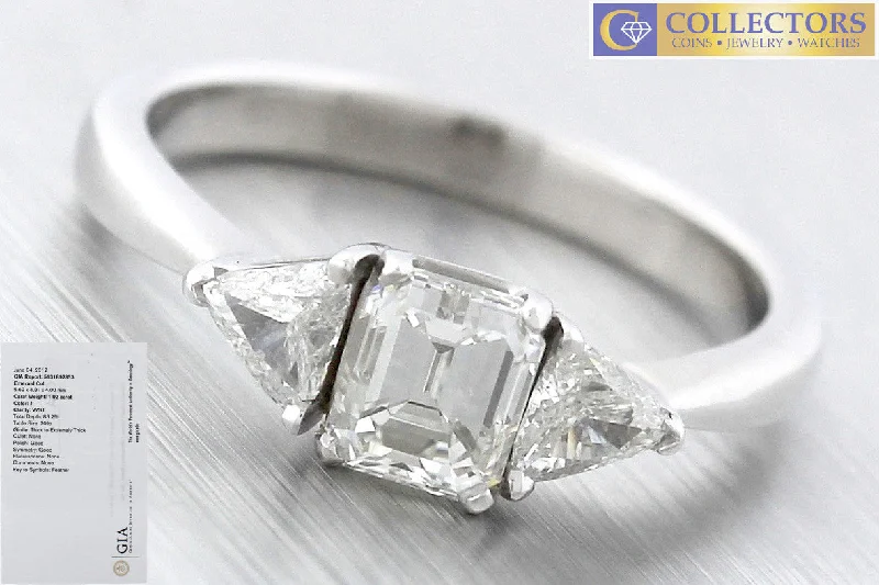 Ladies engagement rings trending styles-Ladies Modern Platinum 1.40ctw Emerald Cut Diamond Engagement Ring GIA J VVS1