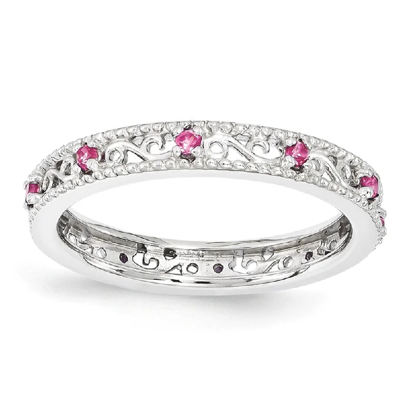 Ladies rings friendship rings-3mm Sterling Silver Stackable Created Pink Sapphire Scroll Band