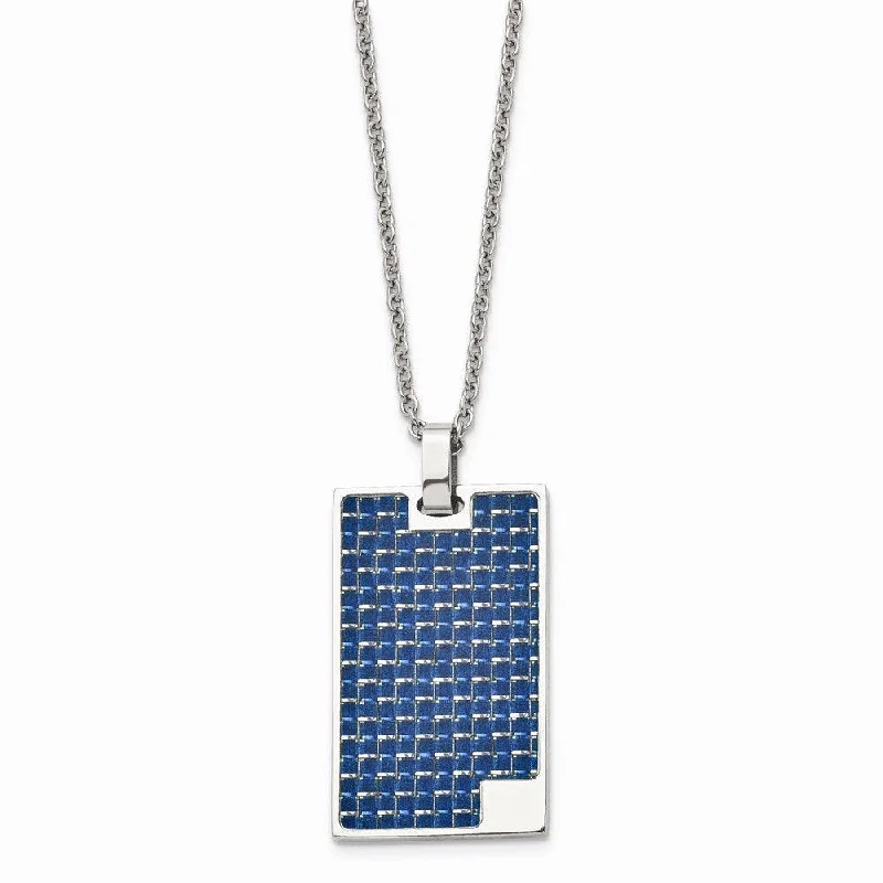 Ladies necklaces young vibes-Stainless Steel Polished with Blue Carbon Fiber Inlay Dog Tag Necklace