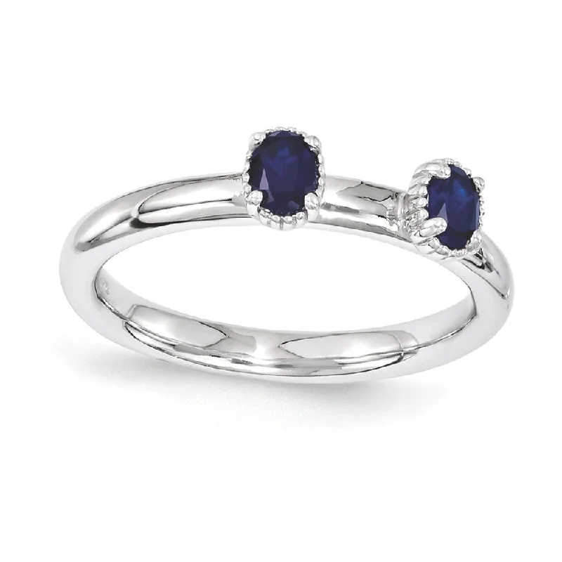 Ladies rings celebrity styles-Sterling Silver Stackable Created Sapphire Oval Two Stone Ring