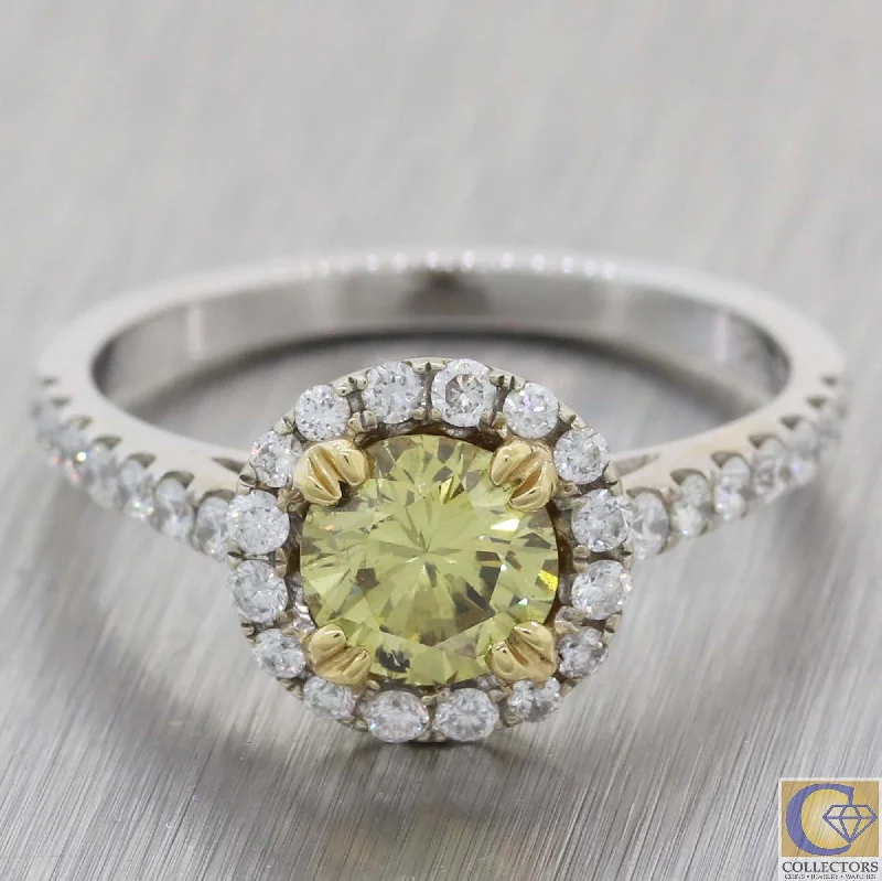 Ladies engagement rings ethical gems-Modern 18k White Gold 1.45ctw Fancy Yellow Diamond Halo Engagement Ring A8