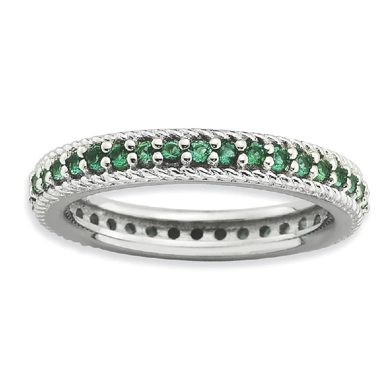 Ladies rings luxurious designs-3.25mm Sterling Silver Stackable Created Emerald Eternity Ring