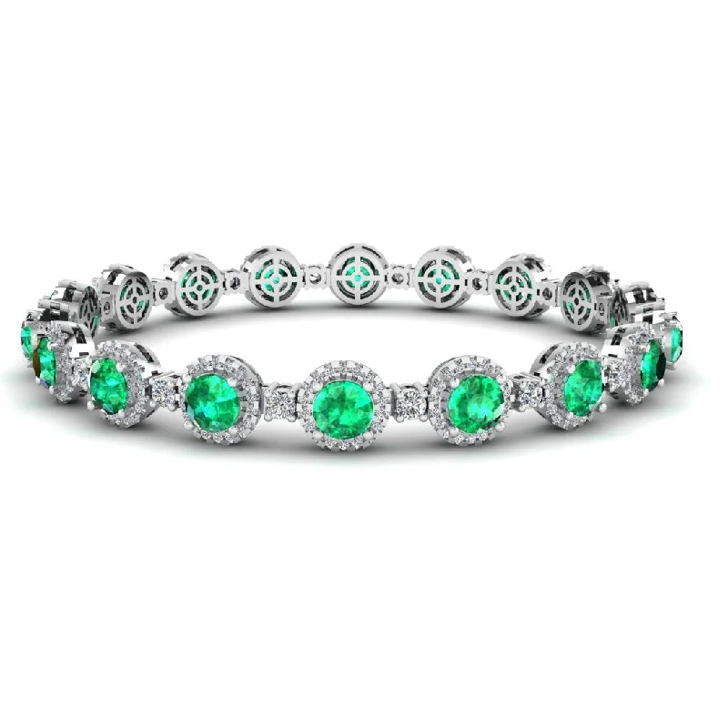 Ladies bracelets memory value-Round Brilliant Shape 8.5 Carat Emerald Gem Featuring Diamond Halo Bracelet BRHARBE