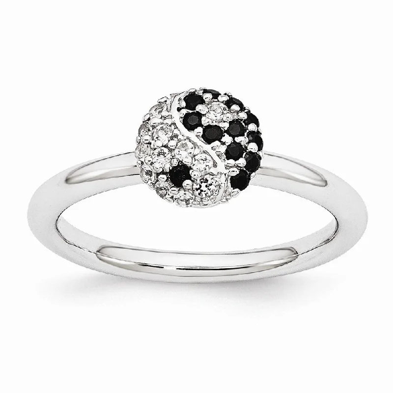 Ladies rings luxurious designs-Rhodium Sterling Silver Stackable White Topaz & Onyx 8mm Yin Yang Ring