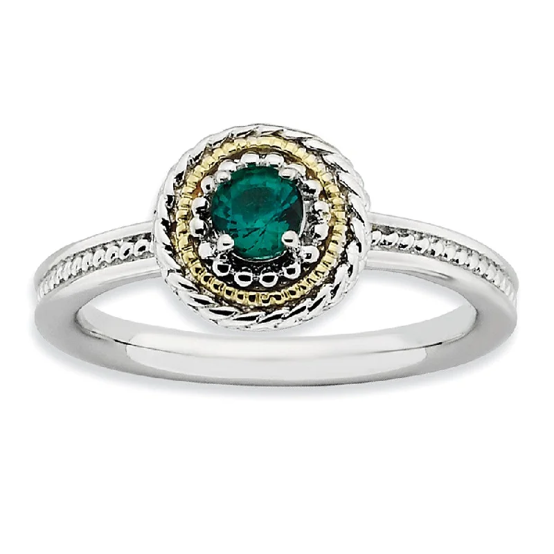 Ladies rings proposal gifts-Sterling Silver & 14K Gold Plated Stackable Created Emerald Ring