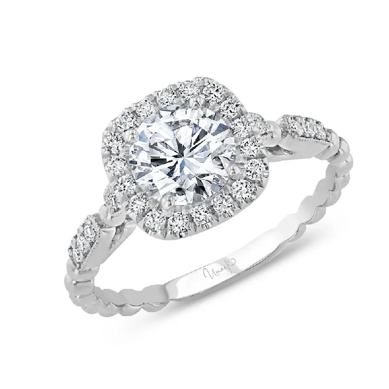 Ladies engagement rings upgrade styles-Uneek Us Collection Round Diamond Halo Engagement Ring, with High Polish Bead Accents and Milgrain-Trimmed Pave Bars