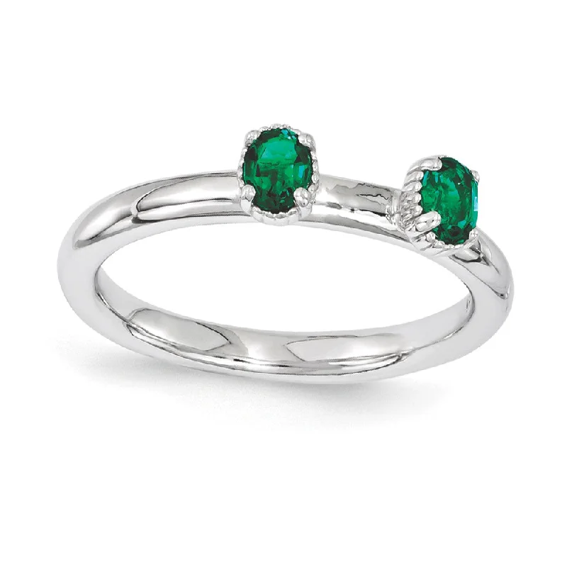 Ladies rings bohemian charm-Sterling Silver Stackable Created Emerald Oval Two Stone Ring