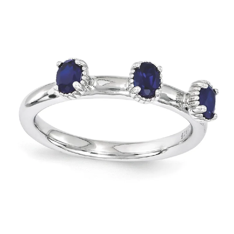 Ladies rings casual vibes-Sterling Silver Stackable Created Sapphire Oval Three Stone Ring