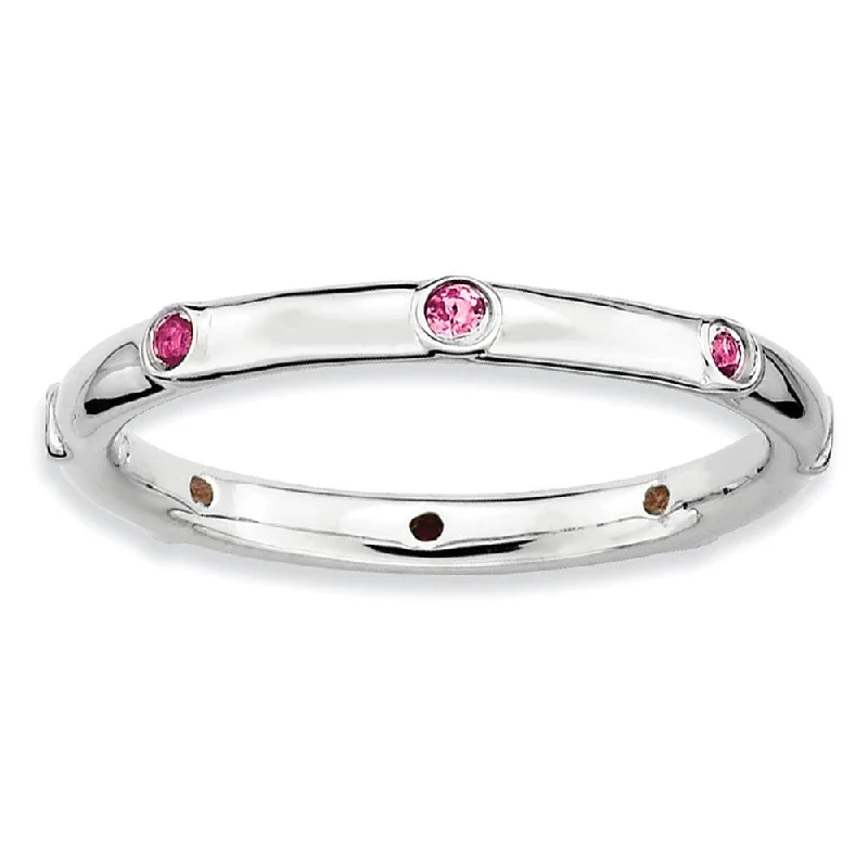 Ladies rings floral designs-Sterling Silver Stackable Pink Tourmaline Accent 2.25mm Band