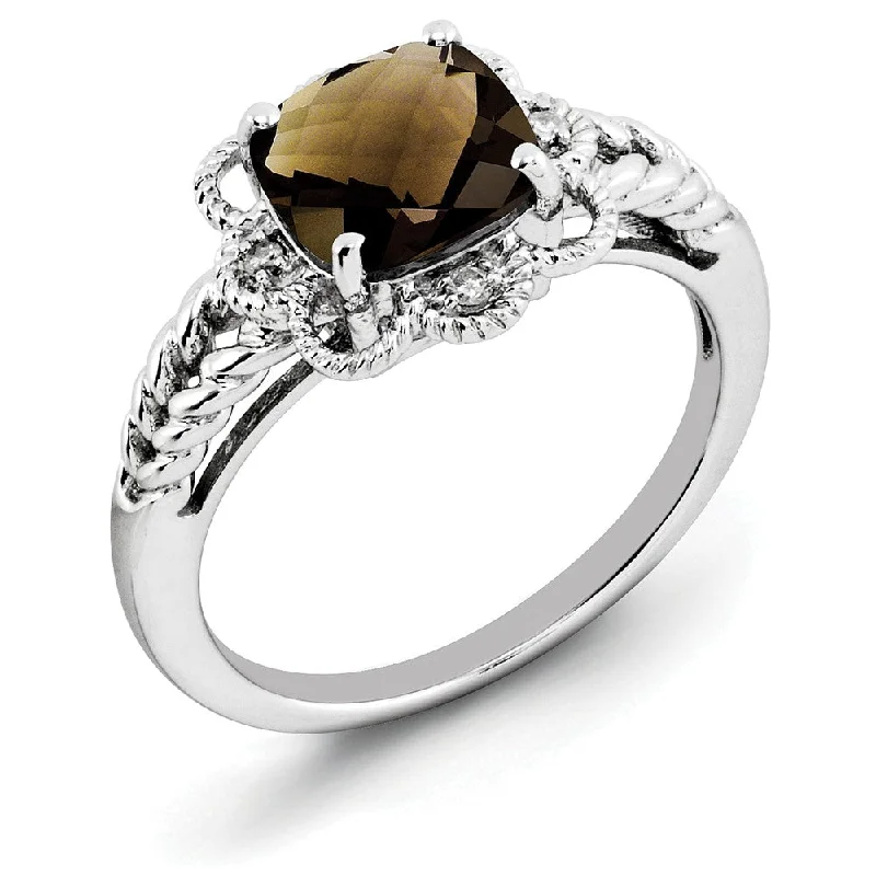 Ladies rings limited editions-Smoky Quartz & .04 Ctw Diamond Scalloped Sterling Silver Ring