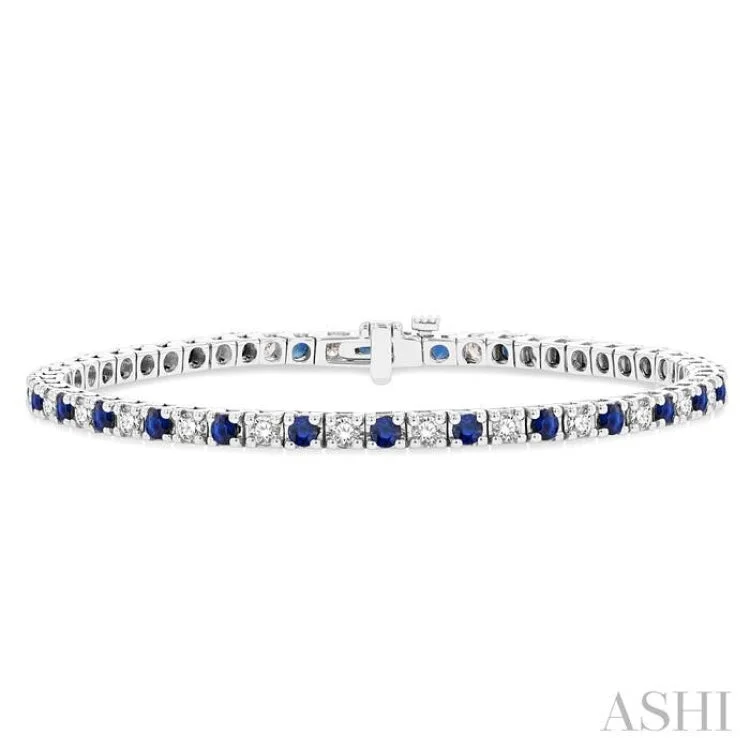 Ladies bracelets love day-1 1/2 ctw Square Box Link 2.5MM Sapphire and Round Cut Diamond Precious Tennis Bracelet in 14K White Gold