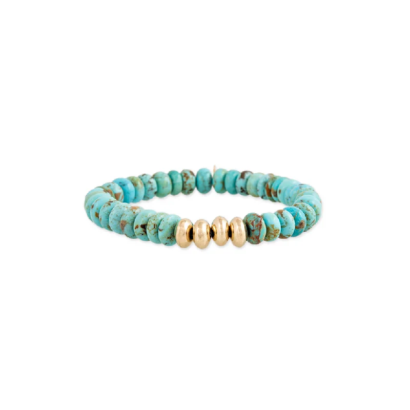 Ladies bracelets friend bands-4 GOLD BEADS + TURQUOISE BEADED STRETCH BRACELET