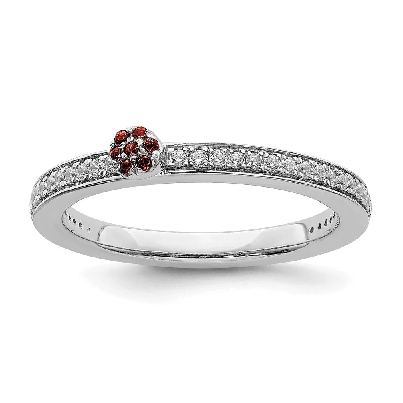 Ladies rings creative designs-14k White Gold, Garnet & 1/8 Ctw Diamond Stackable Ring