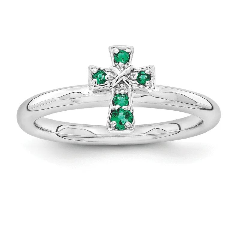 Ladies rings designer brands-Rhodium Sterling Silver Stackable Created Emerald 9mm Cross Ring