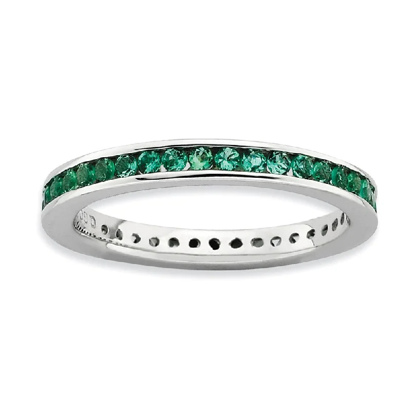 Ladies rings Christmas styles-2.5mm Sterling Silver Stackable Created Emerald Channel Eternity Band