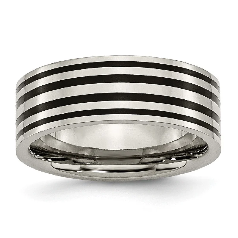 Ladies rings minimalist trends-Titanium and Black Enamel, 8mm Striped Unisex Comfort Fit Band