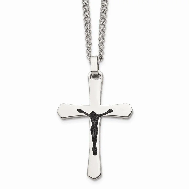 Ladies necklaces wedding essentials-Stainless Steel Polished Cross w/Black IP Jesus Necklace