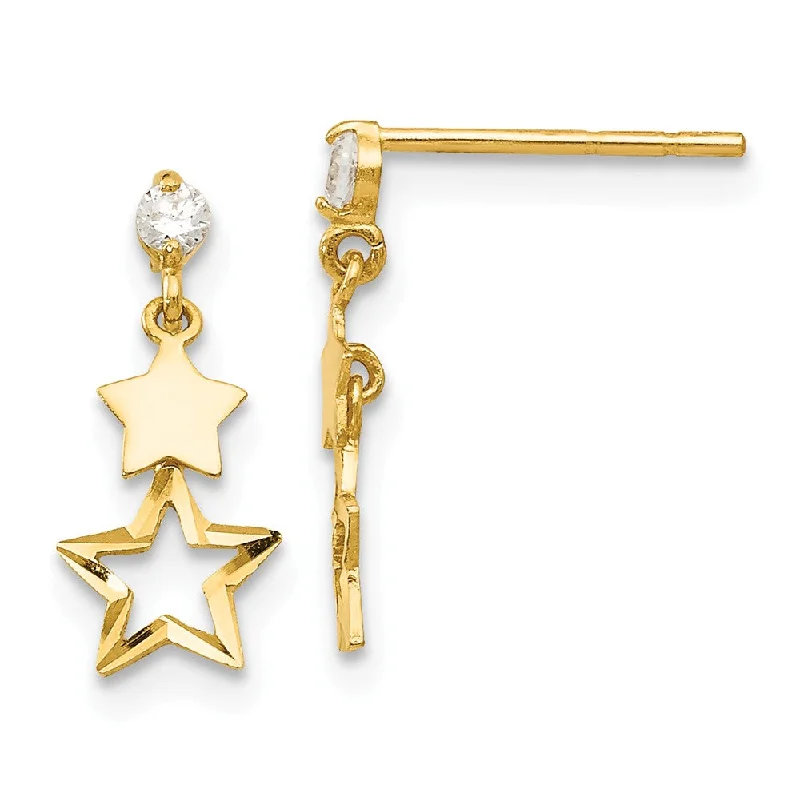 Ladies earrings allergy-free-Kids Cubic Zirconia Double Star Post Dangle Earrings in 14k Gold